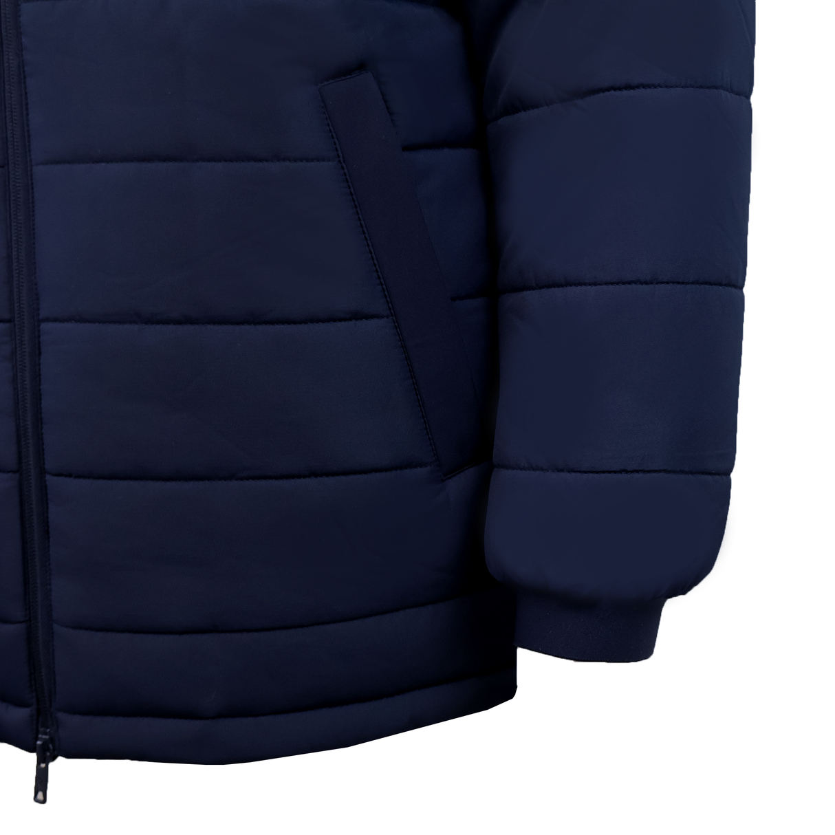 A close-up of the USA Rugby 25/26 Padded Jacket by Macron, featuring a navy blue color, zipper closure, and slanted side pocket.