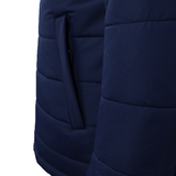Close-up of the USA Rugby 25/26 Padded Jacket by Macron in navy blue, highlighting the detailed stitching and a vertical zippered side pocket.