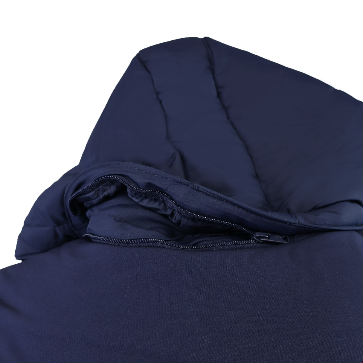 Close-up of the back of the USA Rugby 25/26 Padded Jacket by Macron in dark navy, featuring a visible zipper along the base of the hood.