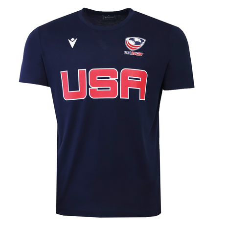 The USA Rugby M25/26 Leisure Shirt by Macron features "USA" in bold red letters, a white USA Rugby logo, the USAR M25/26 insignia, and a white Macron logo on the front.