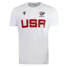 The USA Rugby M25/26 Leisure Shirt by Macron is a white short-sleeve shirt with "USA" in bold red, the USA Rugby logo on the right, and a black Macron logo on the left.