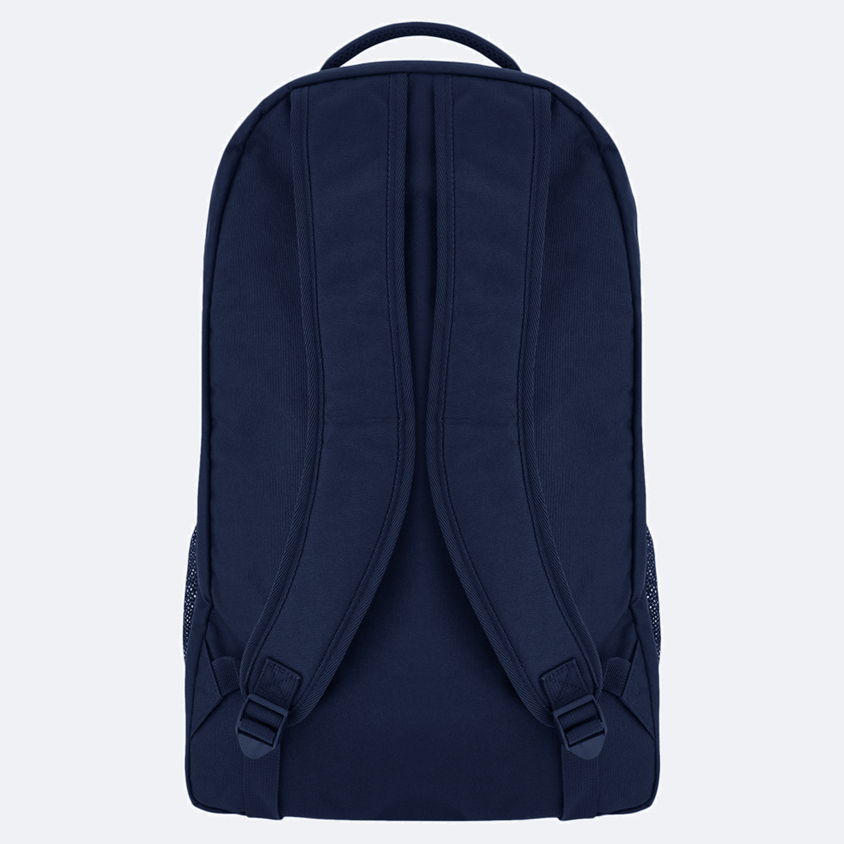 The USA Rugby 25/26 Athleisure Backpack by Macron is shown from the back in navy blue, with two padded shoulder straps and side mesh pockets, set against a plain light background.