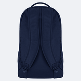 The USA Rugby 25/26 Athleisure Backpack by Macron is shown from the back in navy blue, with two padded shoulder straps and side mesh pockets, set against a plain light background.