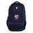 The USA Rugby 25/26 Athleisure Backpack by Macron is a navy blue bag with the USA Rugby logo and a white geometric front emblem, offering multiple zippered compartments and mesh side pockets for organized storage.