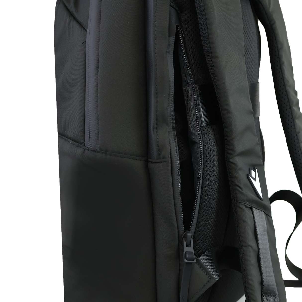 Close-up of the USA Rugby 25/26 Staff Backpack by Macron, highlighting its ergonomic design, partially unzipped side pocket, and padded shoulder straps.