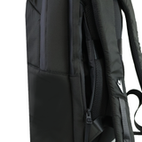 Close-up of the USA Rugby 25/26 Staff Backpack by Macron, highlighting its ergonomic design, partially unzipped side pocket, and padded shoulder straps.