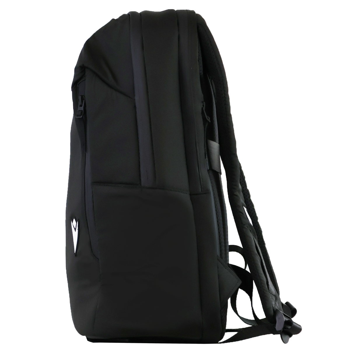 The USA Rugby 25/26 Staff Backpack by Macron is a black ergonomic bag with padded shoulder straps and a small white Macron logo on the lower corner, shown from the side.