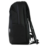 The USA Rugby 25/26 Staff Backpack by Macron is a black ergonomic bag with padded shoulder straps and a small white Macron logo on the lower corner, shown from the side.