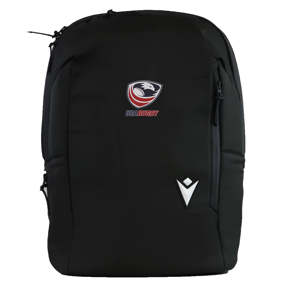The USA Rugby 25/26 Staff Backpack by Macron is a black ergonomic backpack with the USA Rugby and Macron logos on the front, shown against a white background.
