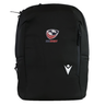 The USA Rugby 25/26 Staff Backpack by Macron is a black ergonomic backpack with the USA Rugby and Macron logos on the front, shown against a white background.