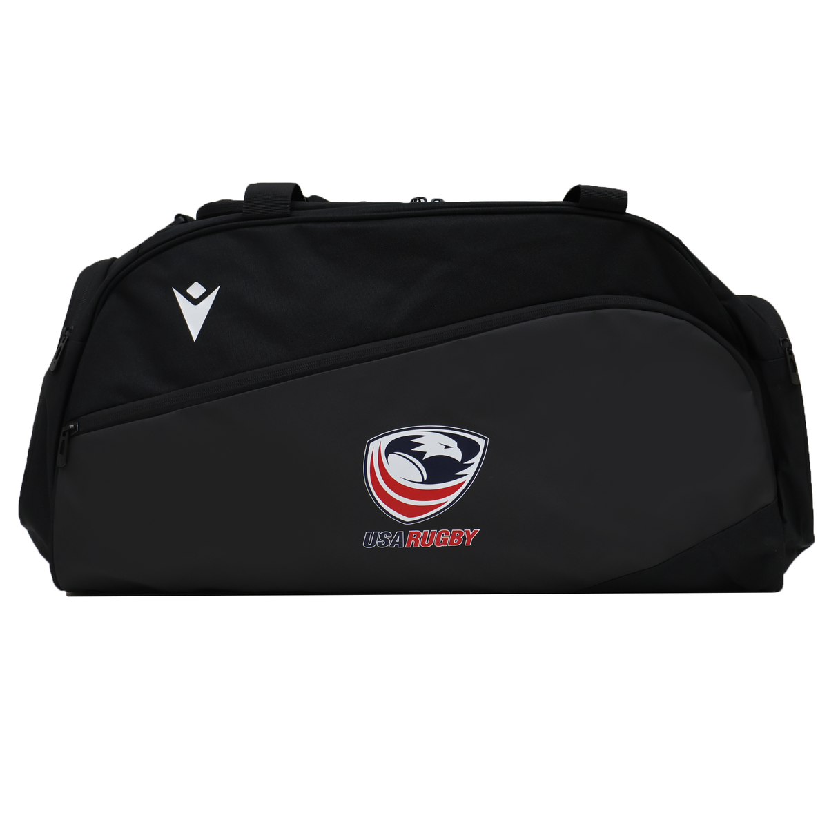 The USA Rugby 25/26 Athleisure Duffle Gym Bag by Macron features a bold USA Rugby logo and white Macron emblem—ideal for travel or the gym.