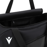 The USA Rugby 25/26 Athleisure Duffle Gym Bag by Macron features a black design with zippered inner pocket, white front logo, and black handles—ideal for stylish gym storage.