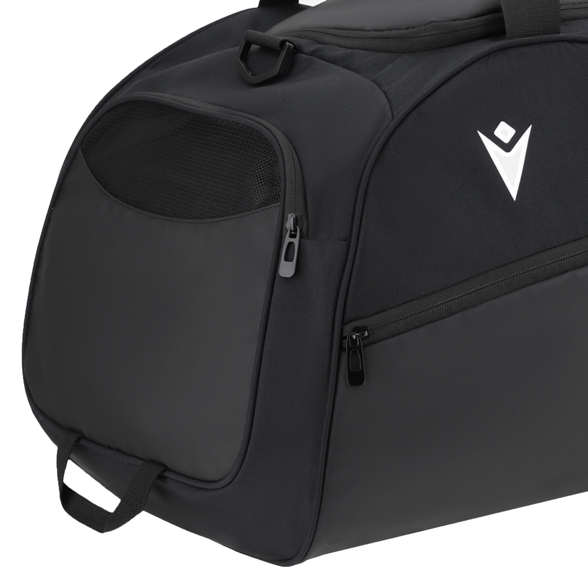 Close-up of the USA Rugby 25/26 Athleisure Duffle Gym Bag by Macron, featuring a side zip pocket, mesh ventilation panel, and a white USA Rugby logo.