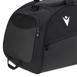 Close-up of the USA Rugby 25/26 Athleisure Duffle Gym Bag by Macron, featuring a side zip pocket, mesh ventilation panel, and a white USA Rugby logo.