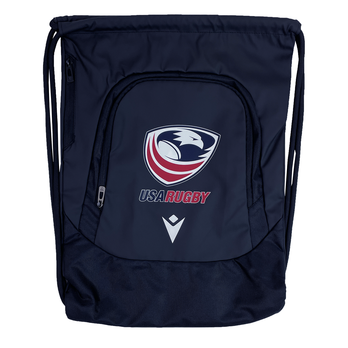 The USA Rugby 25/26 Athleisure Gym Sack by Macron is a navy blue drawstring bag with the USA Rugby eagle logo and "USARUGBY" text—ideal as a waterproof gym sack for rugby fans with an active lifestyle.
