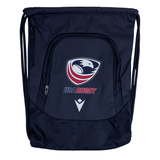 The USA Rugby 25/26 Athleisure Gym Sack by Macron is a navy blue drawstring bag with the USA Rugby eagle logo and "USARUGBY" text—ideal as a waterproof gym sack for rugby fans with an active lifestyle.