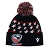 The USA Rugby 25/26 Pompom Beanie by Macron is a black acrylic knit hat featuring white stars, red accents, a top pom-pom, and embroidered USA Rugby and Macron logos on the front cuff.