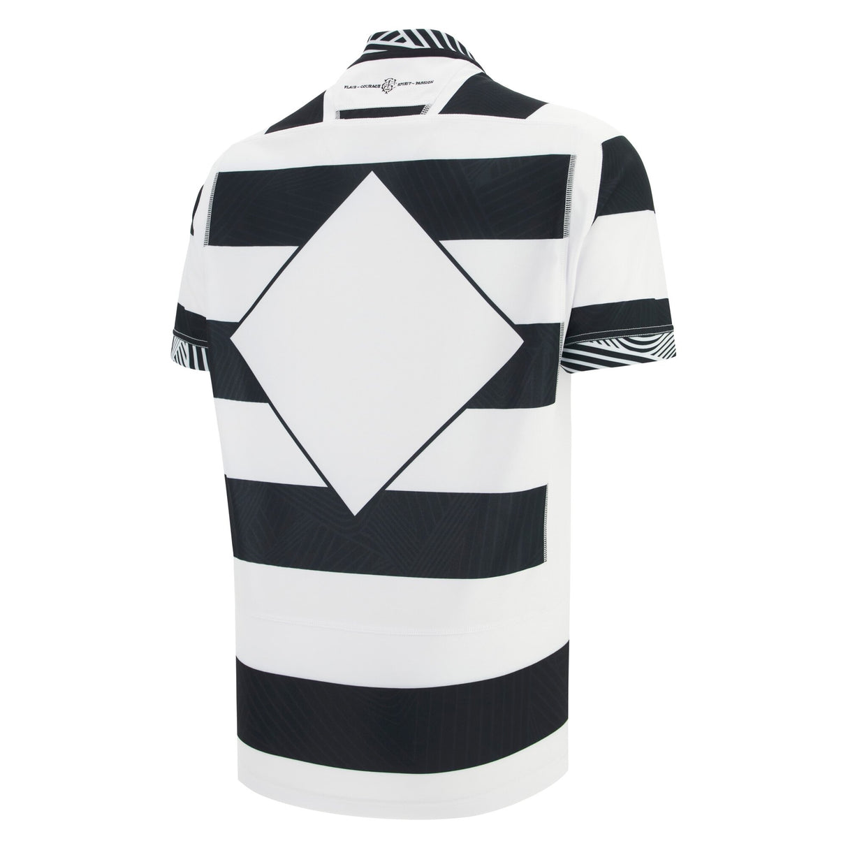 The Barbarians 25/26 Replica Home Jersey by Macron features bold black and white horizontal stripes, a large diamond shape on the back, and classic short sleeves—paying homage to traditional Barbarians style.