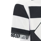 Close-up of the Barbarians 25/26 Replica Home Jersey by Macron, a short-sleeve rugby jersey with bold black and white horizontal stripes and a subtle leaf pattern, inspired by classic Barbarians style.