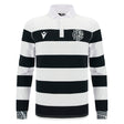 The Barbarians 25/26 Cotton Long Sleeve Home Jersey by Macron features classic black and white stripes, a white collar, two chest logos—ideal as the Barbarians' traditional home jersey.