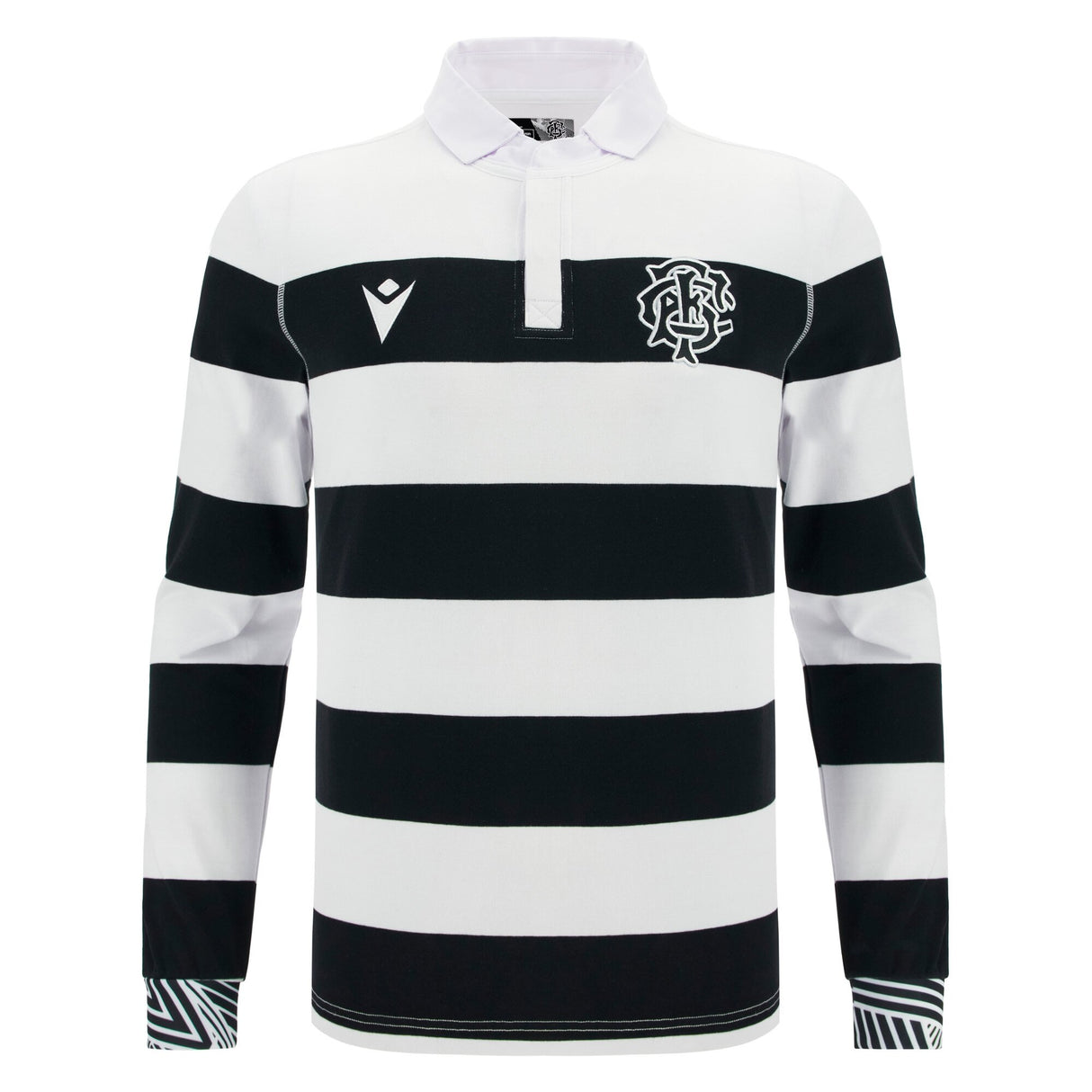 The Barbarians 25/26 Cotton Long Sleeve Home Jersey by Macron features classic black and white stripes, a white collar, two chest logos—ideal as the Barbarians' traditional home jersey.