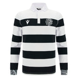 The Barbarians 25/26 Cotton Long Sleeve Home Jersey by Macron features classic black and white stripes, a white collar, two chest logos—ideal as the Barbarians' traditional home jersey.