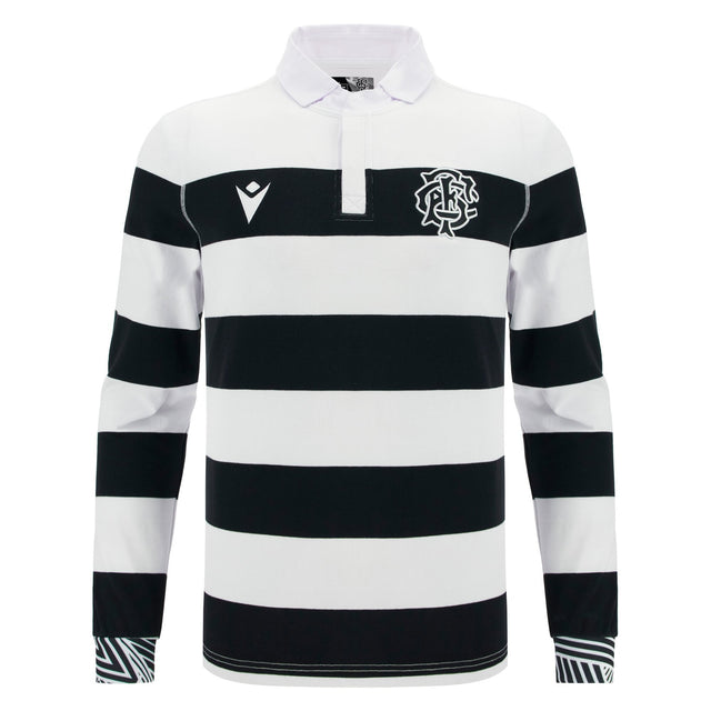 The Barbarians 25/26 Cotton Long Sleeve Home Jersey by Macron features classic black and white stripes, a white collar, two chest logos—ideal as the Barbarians' traditional home jersey.