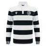 The Barbarians 25/26 Cotton Long Sleeve Home Jersey by Macron features classic black and white stripes, a white collar, two chest logos—ideal as the Barbarians' traditional home jersey.