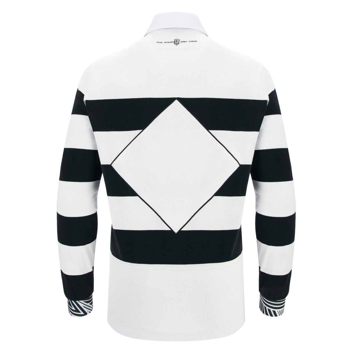 The Barbarians 25/26 Cotton Long Sleeve Home Jersey by Macron features black and white sleeve stripes and a bold diamond-shaped pattern on the back, inspired by the classic Barbarians jersey.