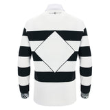 The Barbarians 25/26 Cotton Long Sleeve Home Jersey by Macron features black and white sleeve stripes and a bold diamond-shaped pattern on the back, inspired by the classic Barbarians jersey.