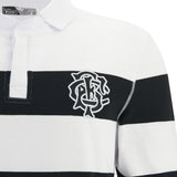 A close-up of the Barbarians 25/26 Cotton Long Sleeve Home Jersey by Macron, featuring black and white stripes, a collared neckline, and an embroidered monogram logo on the left chest.