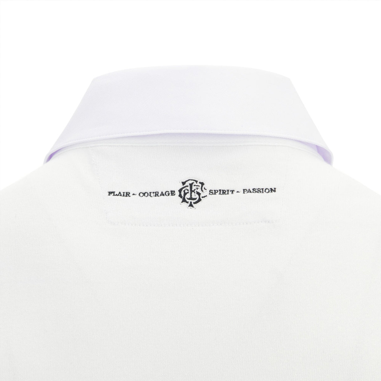 Back view of the Barbarians 25/26 Cotton Long Sleeve Home Jersey by Macron, featuring a white collar, black printed emblem, and "FLAIR - COURAGE - SPIRIT - PASSION" on the upper back—classic cotton rugby style.