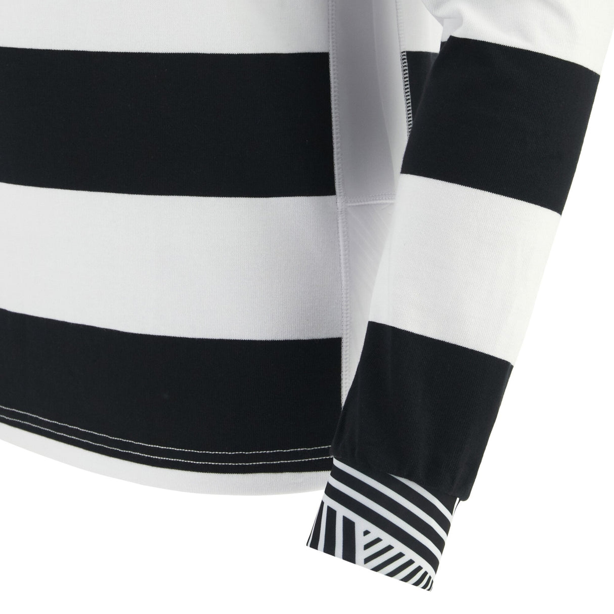 A close-up of the Barbarians 25/26 Cotton Long Sleeve Home Jersey by Macron, featuring wide black and white stripes with contrasting diagonal striped cuffs, inspired by the classic Barbarians home kit.