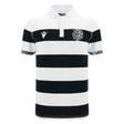 The Barbarians 25/26 Cotton Short Sleeve Home Jersey by Macron features black and white horizontal stripes, a white collar, cotton short sleeves, the Macron logo on the left chest, and a chevron on the right chest.