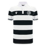 The Barbarians 25/26 Cotton Short Sleeve Home Jersey by Macron features black and white horizontal stripes, a white collar, cotton short sleeves, the Macron logo on the left chest, and a chevron on the right chest.