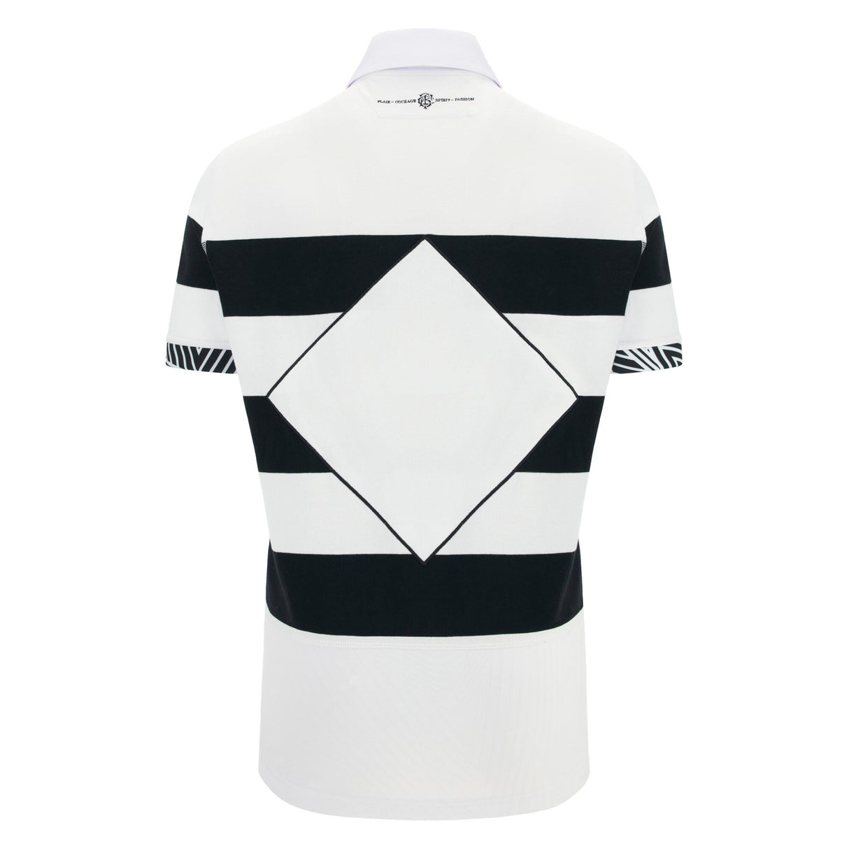 The Barbarians 25/26 Cotton Short Sleeve Home Jersey by Macron features black horizontal stripes and a large black diamond pattern on the back, inspired by the classic Barbarians home design.