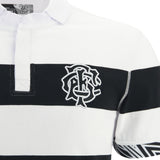 A close-up of the Barbarians 25/26 Cotton Short Sleeve Home Jersey by Macron, featuring black and white stripes, a partial button placket, and a white embroidered logo on the left chest.