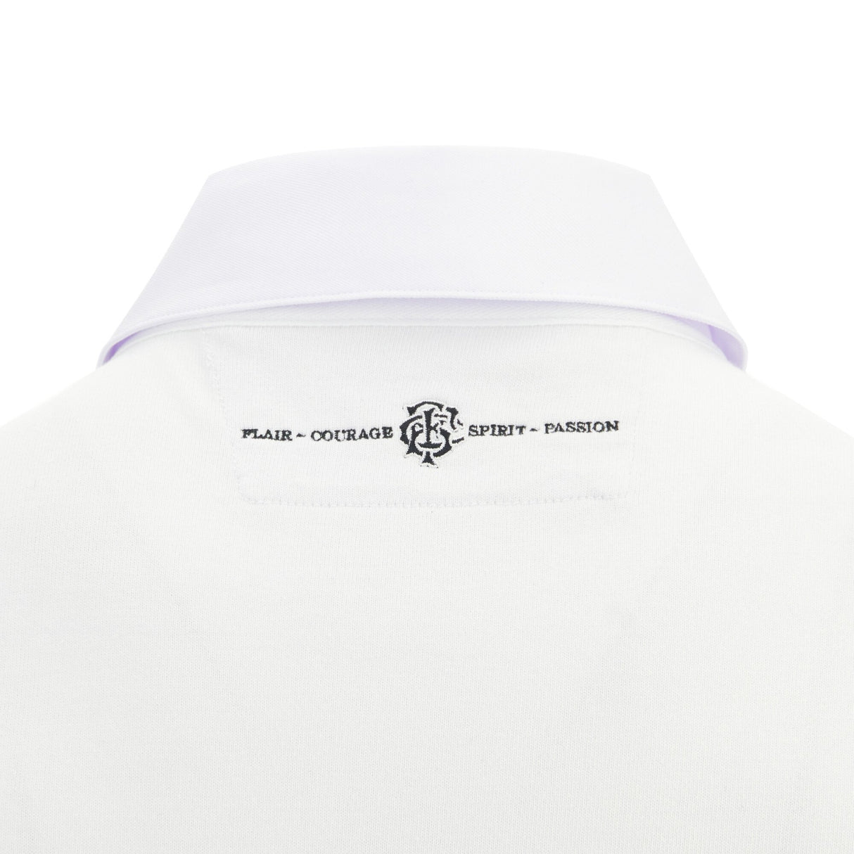 Close-up of the back collar on the Barbarians 25/26 Cotton Short Sleeve Home Jersey by Macron, featuring stitched "FLAIR COURAGE SPIRIT PASSION" text and a Macron monogram logo, crafted from premium cotton.