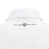 Close-up of the back collar on the Barbarians 25/26 Cotton Short Sleeve Home Jersey by Macron, featuring stitched "FLAIR COURAGE SPIRIT PASSION" text and a Macron monogram logo, crafted from premium cotton.