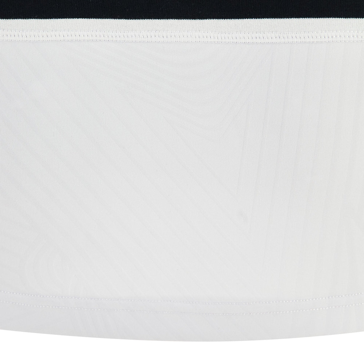 Close-up of the Barbarians 25/26 Cotton Short Sleeve Home Jersey by Macron, highlighting the white cotton fabric with subtle diagonal patterns, a black band at the top, and visible seams.