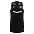 The Barbarians 25/26 Player Training Basketball Singlet by Macron is a sleeveless black singlet with white trim, featuring the Barbarians rugby logo and "BARBARIANS" on the front—ideal for fans and athletes to train in.