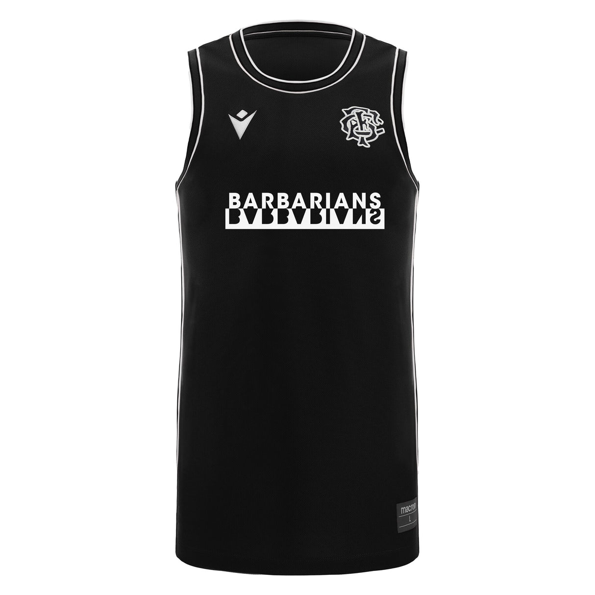 The Barbarians 25/26 Player Training Basketball Singlet by Macron is a sleeveless black singlet with white trim, featuring the Barbarians rugby logo and "BARBARIANS" on the front—ideal for fans and athletes to train in.