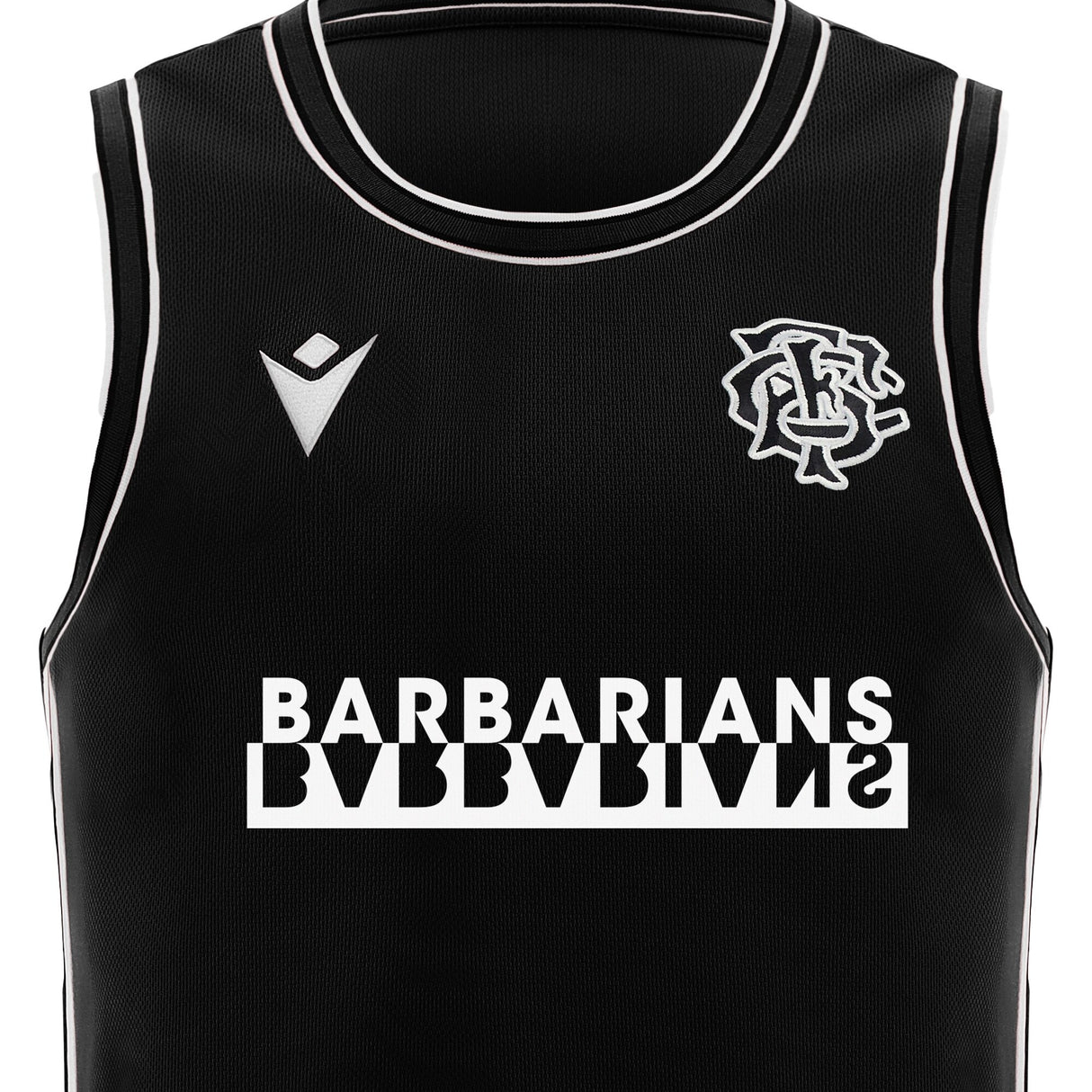 The Barbarians 25/26 Player Training Basketball Singlet by Macron is a black, sleeveless singlet with white trim, featuring the Barbarians rugby logo and "BARBARIANS" in bold white letters—ideal for training sessions.