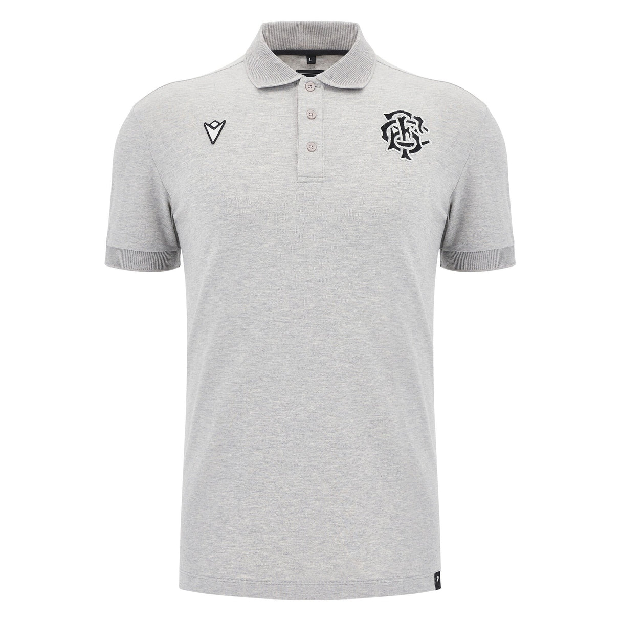 The Barbarians 25/26 Player Travel Polo by Macron is a light grey short-sleeve polo with a three-button placket, black embroidered chest logos, and a classic collar.