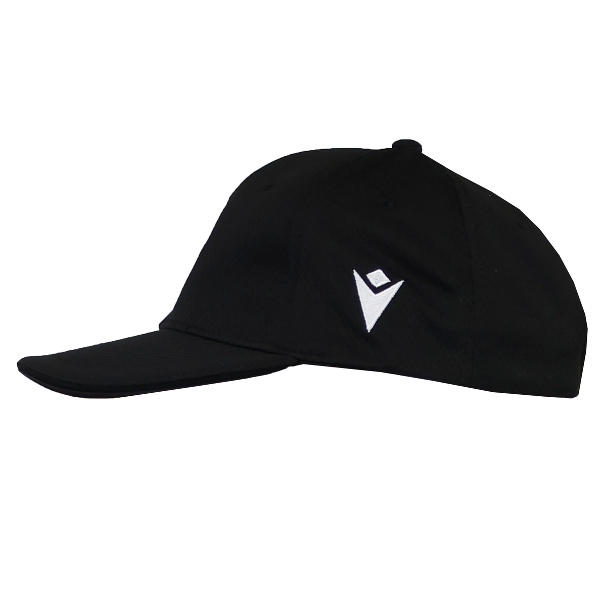 Barbarians 25/26 Baseball Cap by Macron, with a curved brim and white embroidered logo on the front left panel, shown in a stylish side profile.
