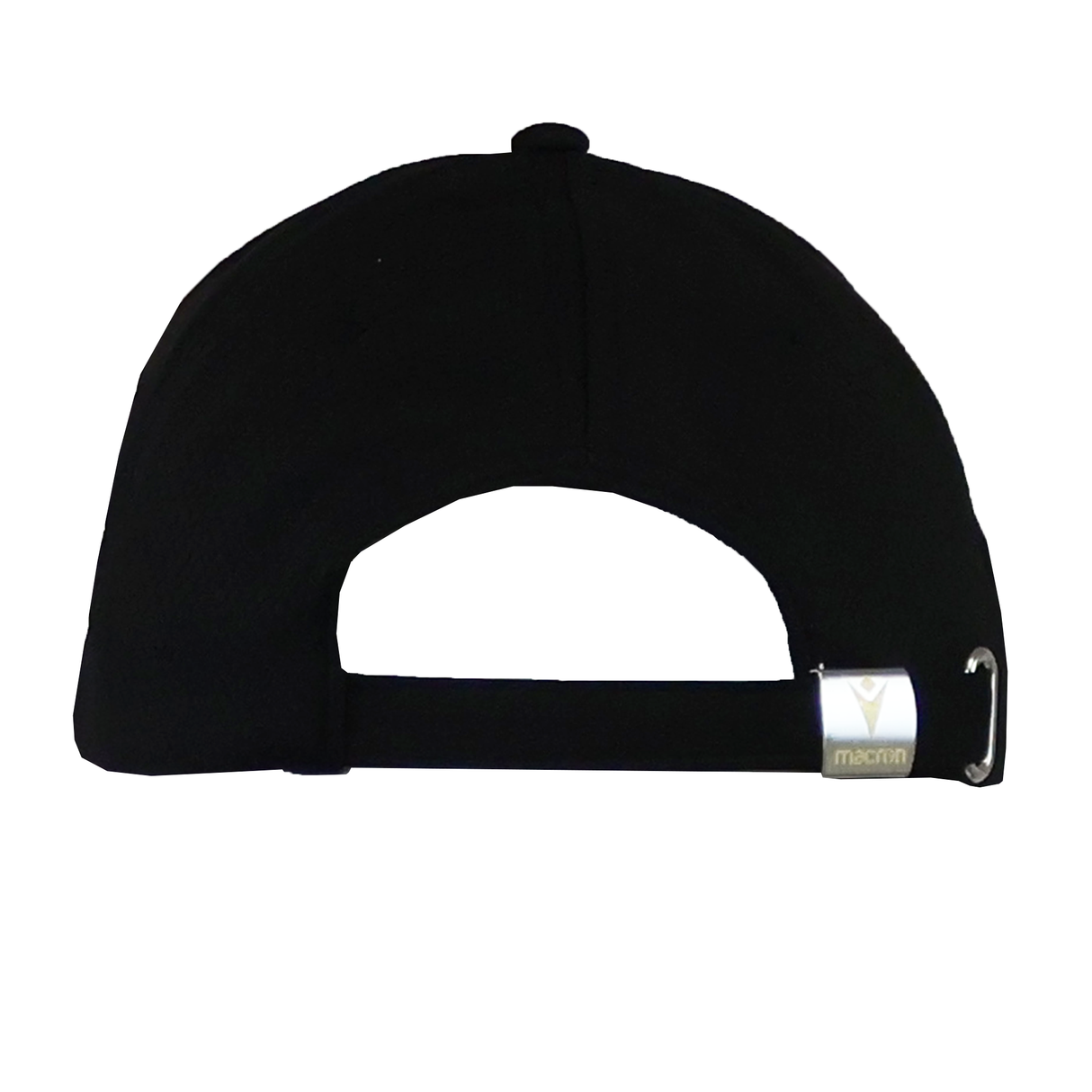 Back view of the Barbarians 25/26 Baseball Cap by Macron in black, featuring an adjustable strap with a metal clasp and the iconic Macron logo.