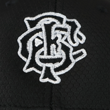 Close-up of the Barbarians 25/26 Baseball Cap by Macron in black, featuring a white embroidered monogram logo, celebrating the 25/26 season.