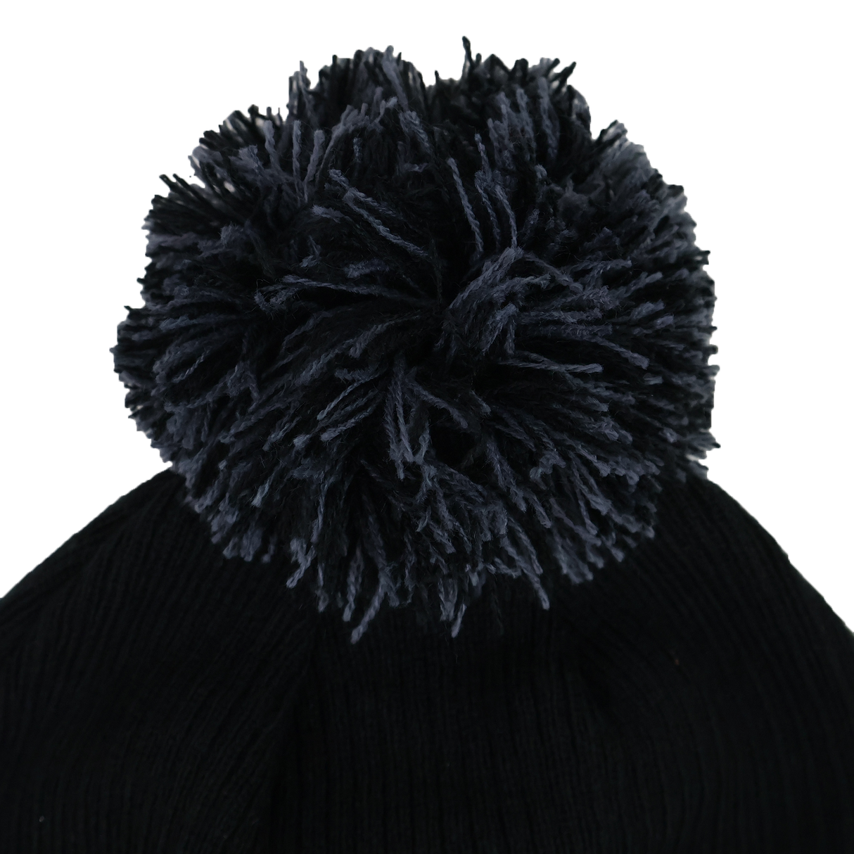 Close-up of the Barbarians 25/26 Pom-Pom Beanie by Macron, showcasing a black knit design with a large dark pom-pom on top, set against a white background.