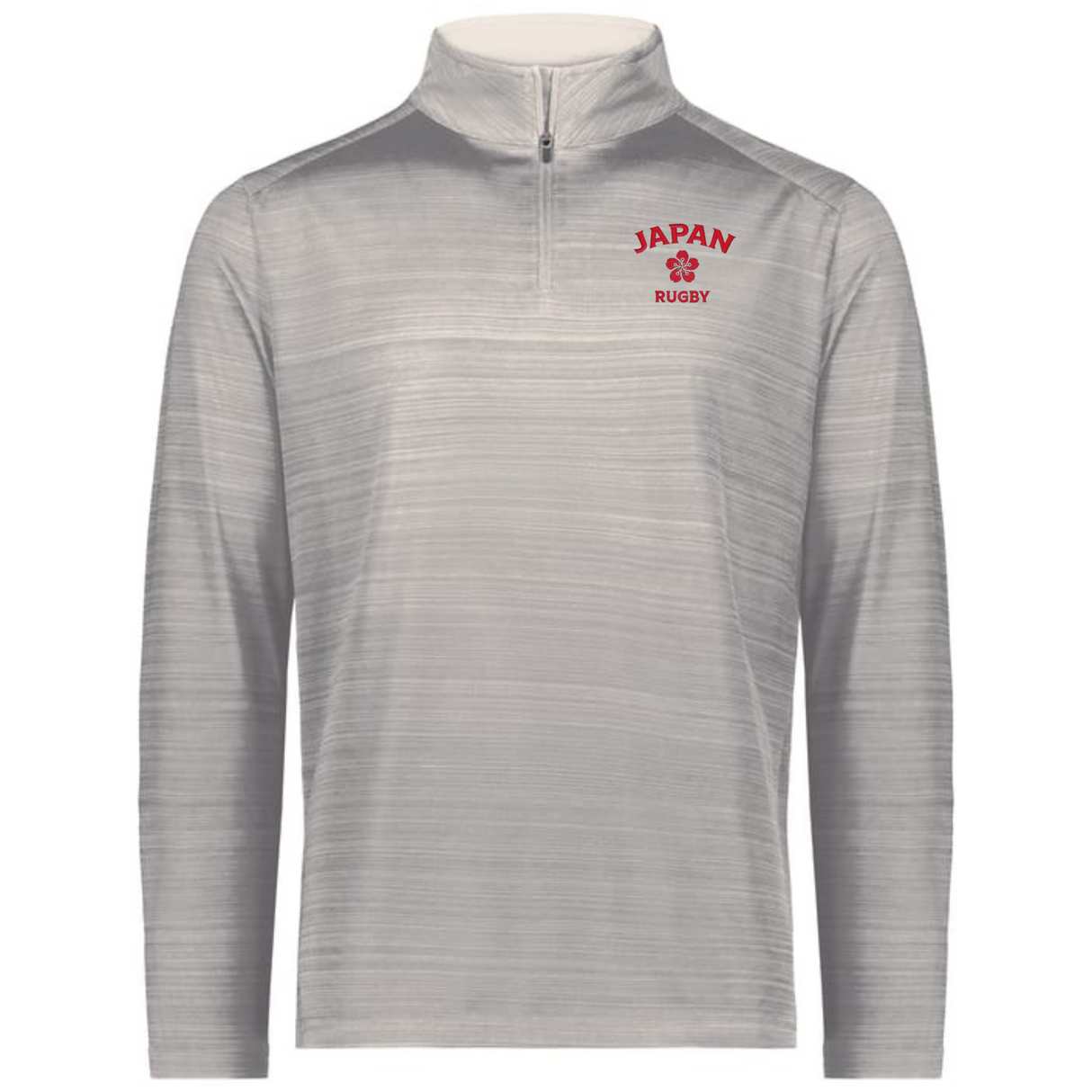 The EMB Augusta Nations of Rugby Japan Pursuit 1/4 Zip Pullover is light gray with "JAPAN RUGBY" and a red cherry blossom emblem on the left chest.