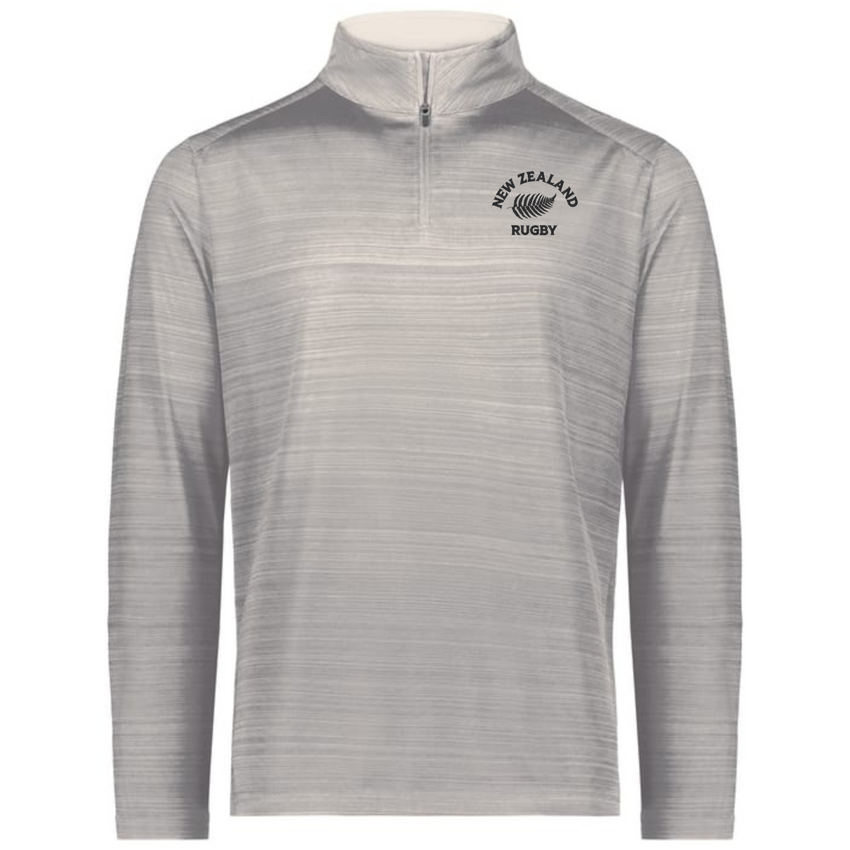 The EMB Augusta Nations of Rugby New Zealand Pursuit 1/4 Zip Pullover is light gray with "New Zealand Rugby" and a fern logo printed on the upper left chest.
